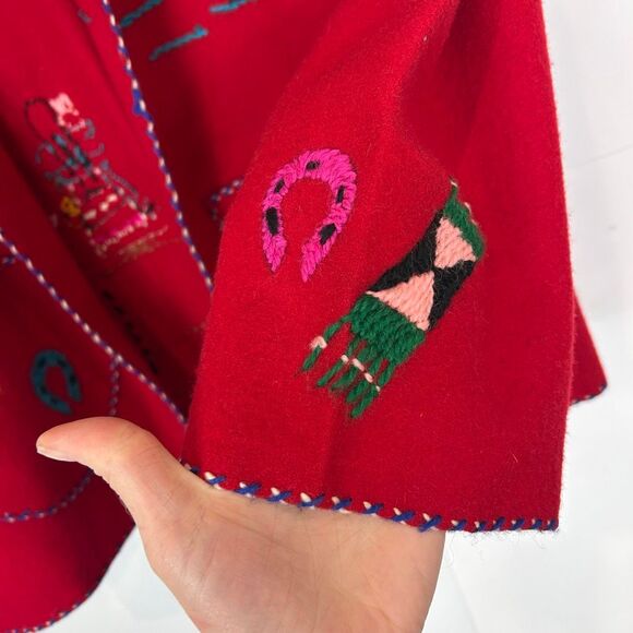 Vintage Handmade Tourist Jacket Womens Medium Red Embroidered Mexican Folk Art - Picture 4 of 13